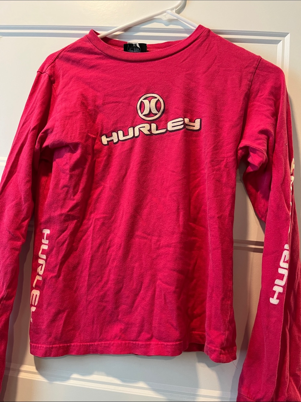 Hurley Girls' Long Sleeve Logo Tee in Hot Pink with White Accents